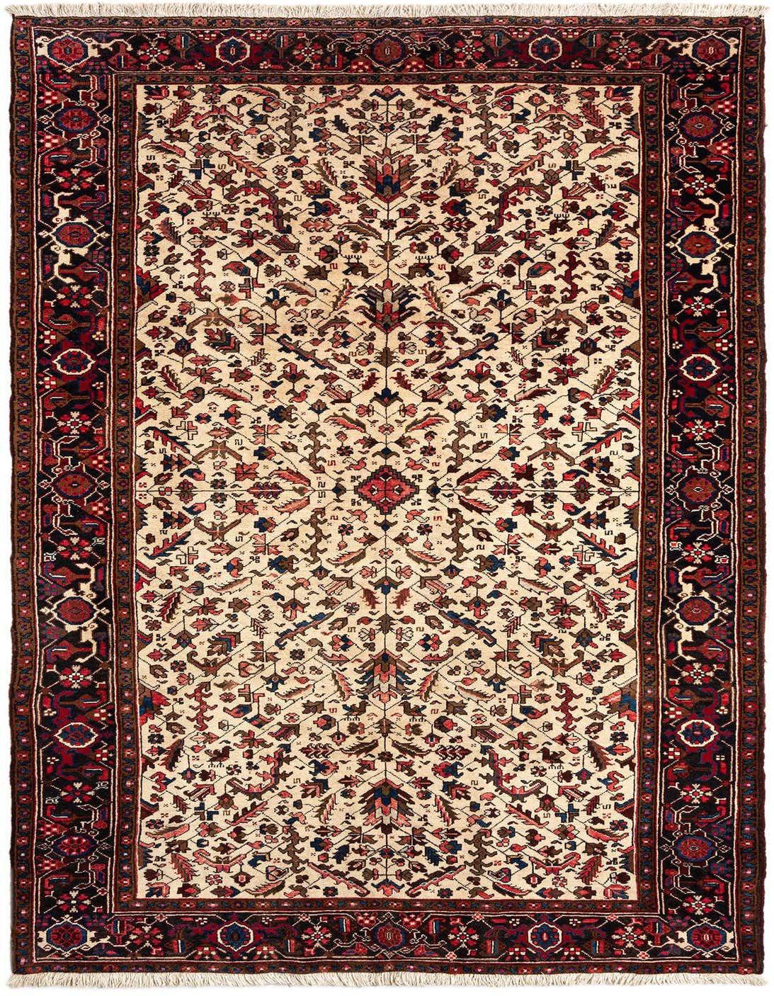 A Mehraban 11 Ft Runner rug with an ivory field and intricate Persian tribal patterns in red, blue, and brown, featuring a dark border.