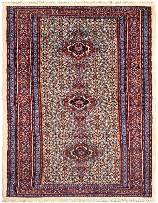 A 9 ft runner rug with a cream background, featuring a detailed red and blue Persian medallion pattern, ideal for a hallway.