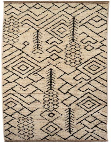A 16 ft runner rug from the Rugs.com Moroccan collection, featuring a cream background with bold black tribal patterns, ideal for a hallway.