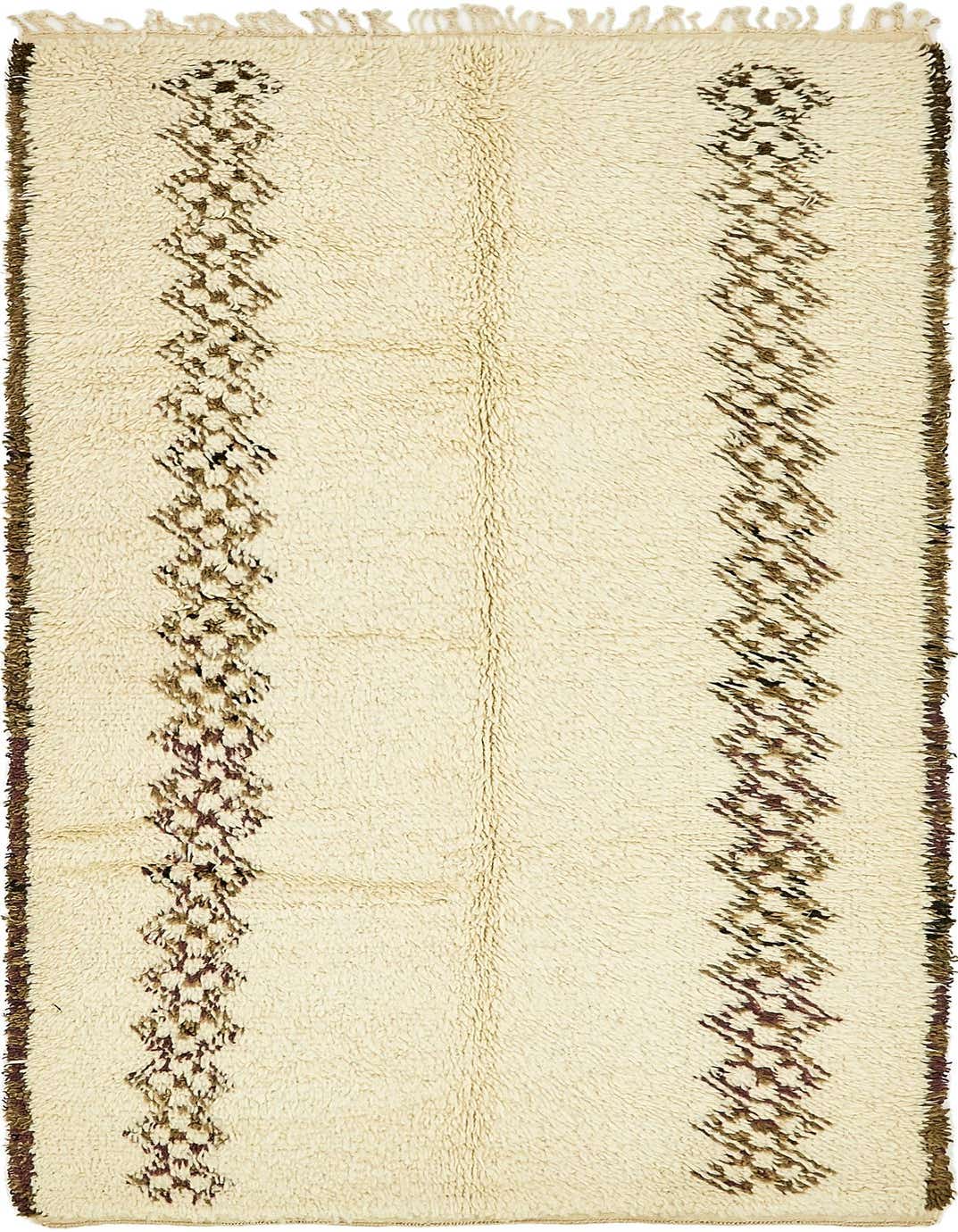 An 8 ft ivory shag runner rug with two vertical tribal patterns in brown and purple, suitable for a hallway.