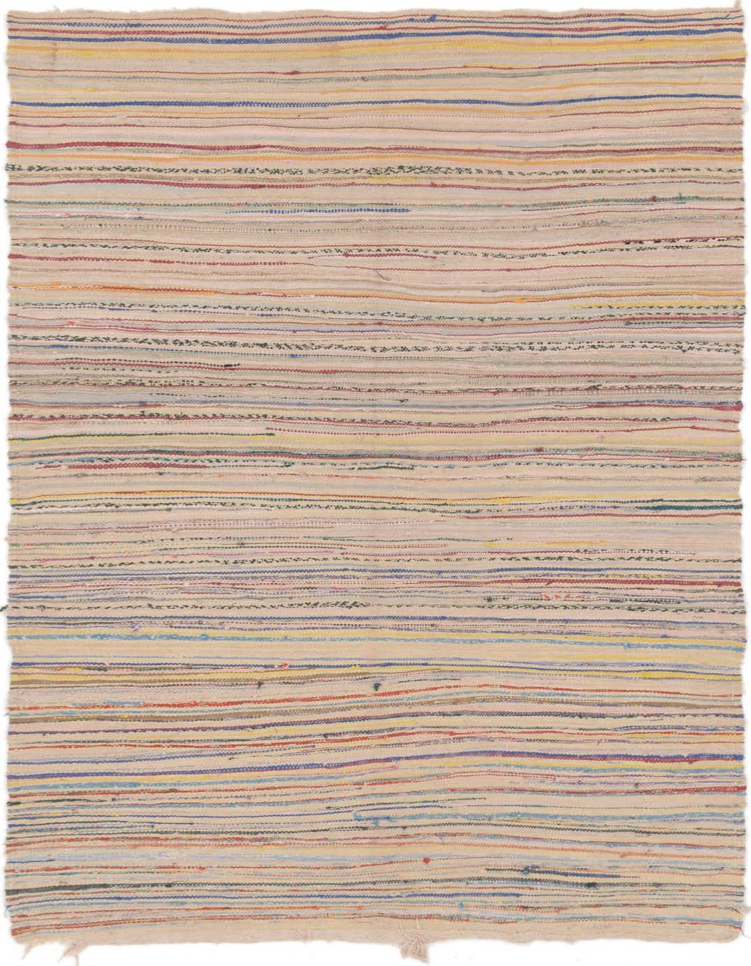 A handmade 8 ft runner rug from the Moroccan collection, featuring a cream base with thin, colorful horizontal stripes in red, blue, yellow, and green.