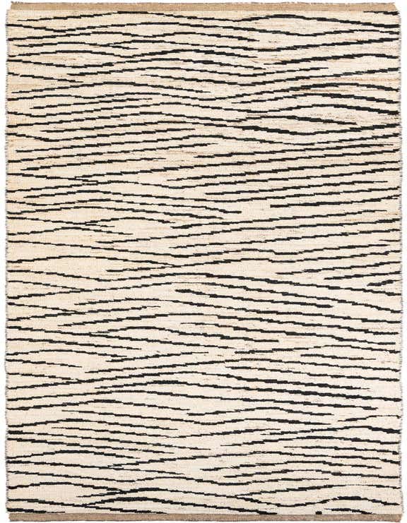 A 14 ft runner rug from the Rugs.com Moroccan collection, featuring an ivory background with a black abstract tribal pattern, perfect for a hallway.