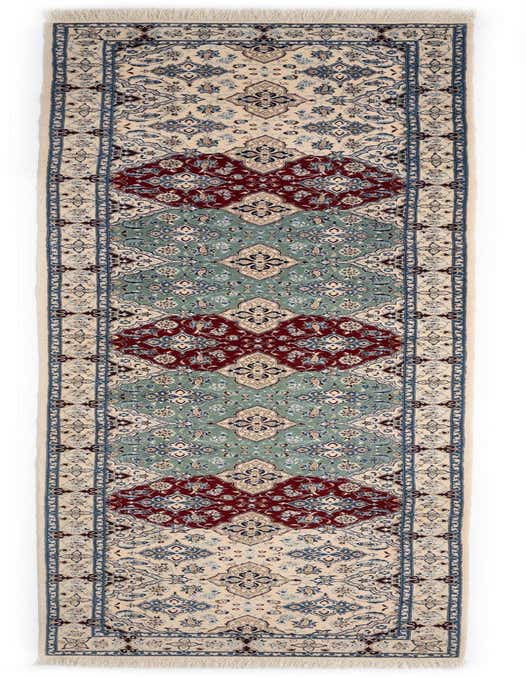 A 13 ft Nain Persian runner rug in ivory, cream, red, and blue, featuring intricate floral and medallion patterns, ideal for a hallway.