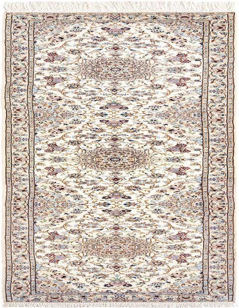 A 10 ft ivory Persian runner rug with intricate floral and medallion patterns in muted blues, creams, and browns, ideal for a hallway.