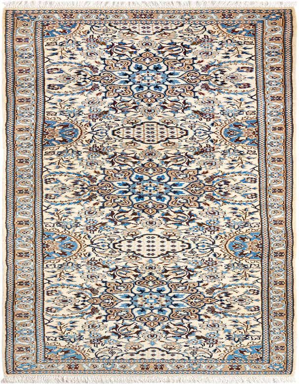 A 10 ft runner rug from the Nain collection, featuring an ivory background with intricate Persian patterns in blue and brown.