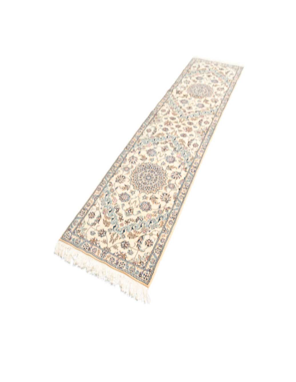 An 11 ft ivory Persian runner rug with intricate floral and medallion patterns in blue, beige, and brown, suitable for a hallway.