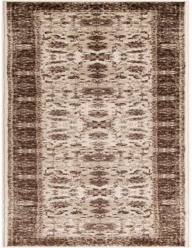 A 13 ft runner rug in ivory and cream with a distressed traditional floral pattern and a dark brown border, ideal for a hallway.