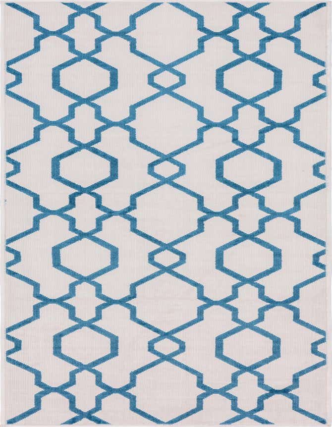 A 6 ft runner rug with an ivory background and a repeating teal geometric trellis pattern, suitable for a hallway or patio.