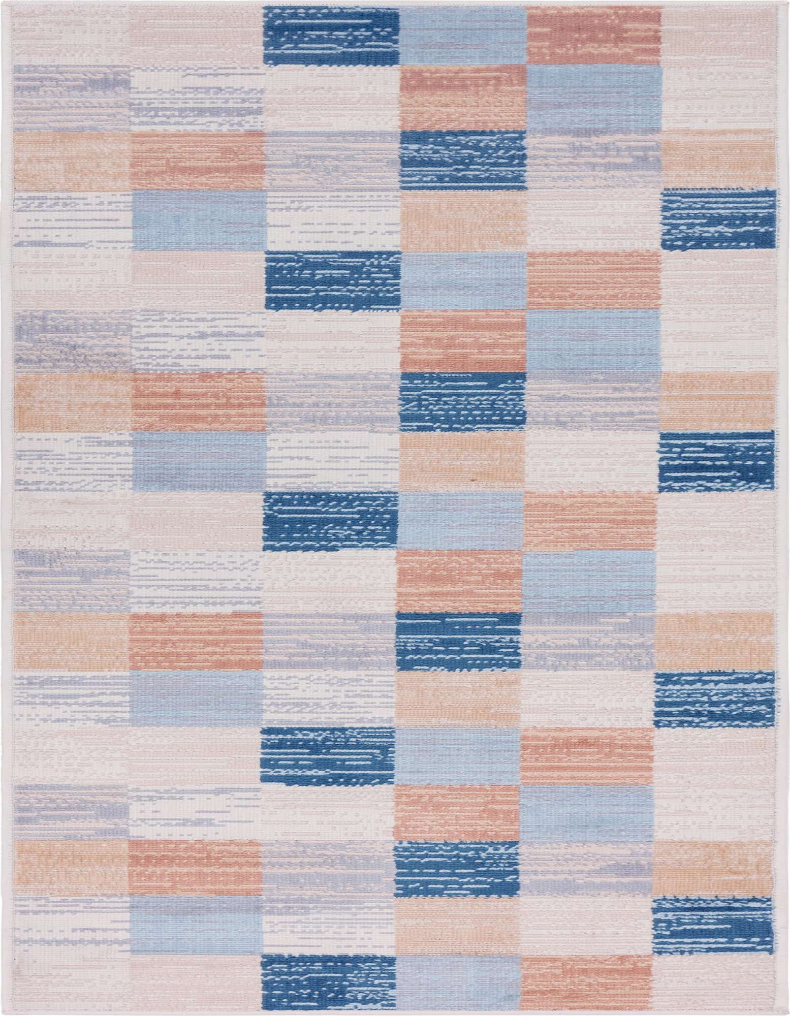 A 6 ft runner rug with a modern patchwork design in ivory, cream, light blue, deep blue, and terracotta squares.