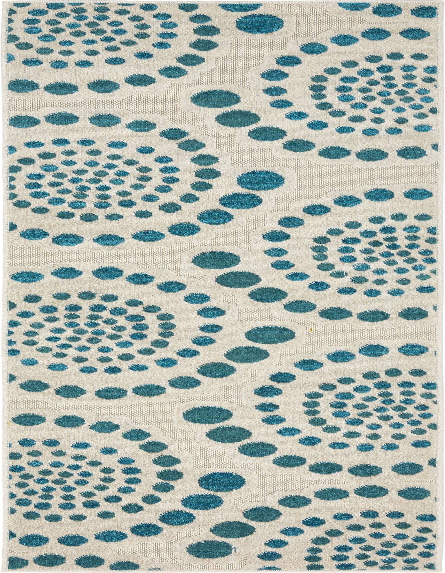 Ivory and teal runner rug with a modern abstract pattern of swirling dots, suitable for a hallway or patio.