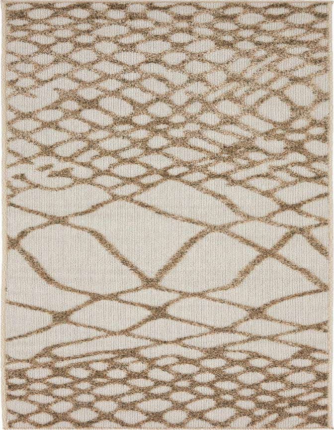 A 6 ft runner rug with an ivory background and a raised, textured brown abstract geometric pattern, suitable for indoor/outdoor use.