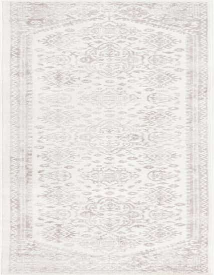 A 12 ft runner rug in ivory with a faded traditional medallion and bohemian pattern in light gray, perfect for a hallway.