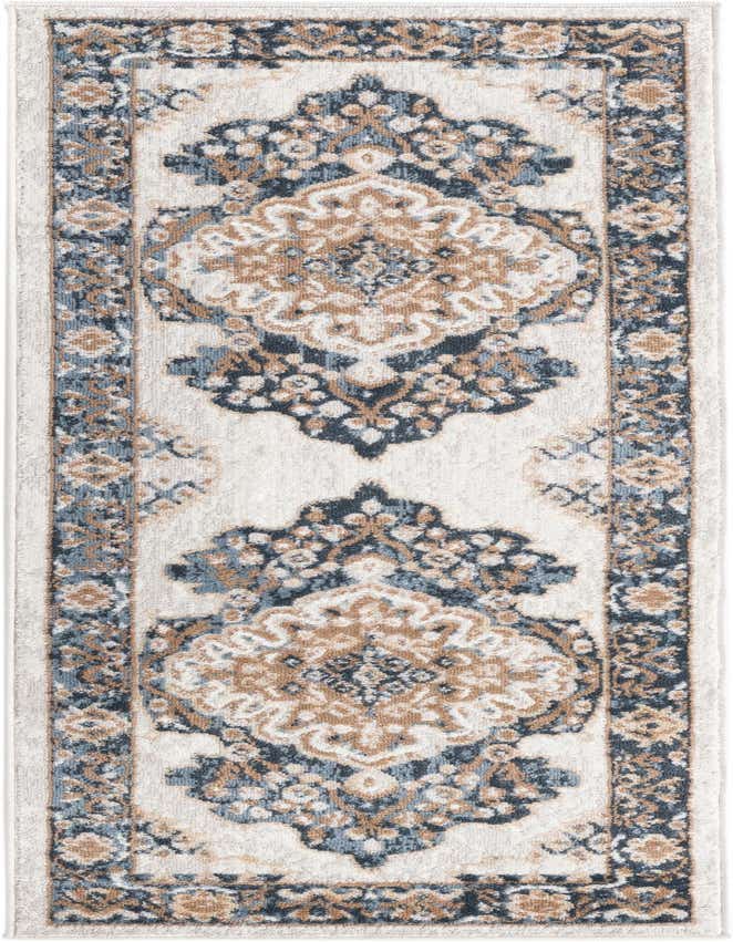 A 6 ft Oxford runner rug with an ivory background and traditional medallion patterns in shades of blue and brown.