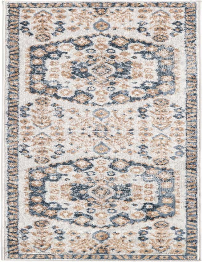 A 6 ft runner rug with an ivory background, featuring a distressed bohemian medallion pattern in shades of blue and tan, ideal for a hallway or kitchen.