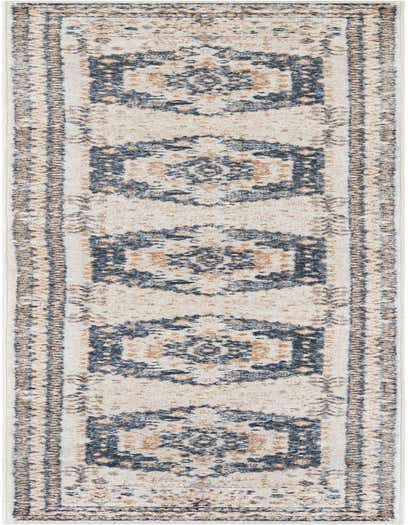 A 13 ft runner rug in ivory and cream with a distressed traditional medallion pattern in navy and beige, ideal for a hallway.