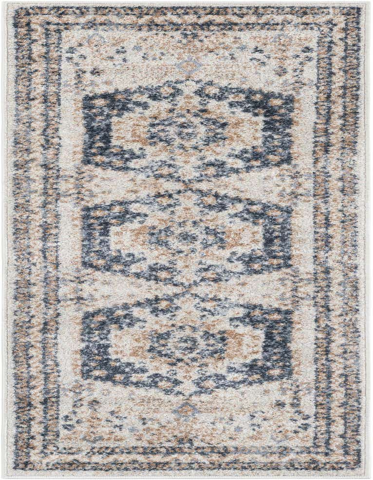A 5 ft runner rug with a traditional medallion pattern in distressed ivory, cream, navy, and brown tones, ideal for a hallway.