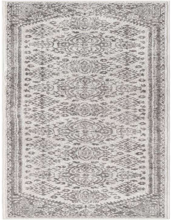 A 10 ft runner rug from the Rugs.com Oxford Collection, featuring an ivory and cream background with a distressed gray traditional medallion and floral pattern, ideal for hallways.