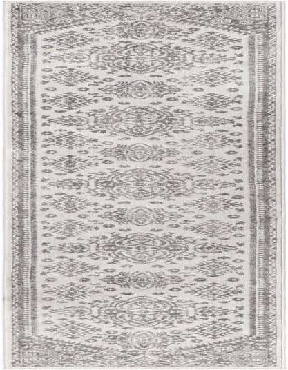 A 13 ft runner rug from the Oxford collection, featuring an ivory background with a distressed traditional medallion and border pattern in shades of gray.