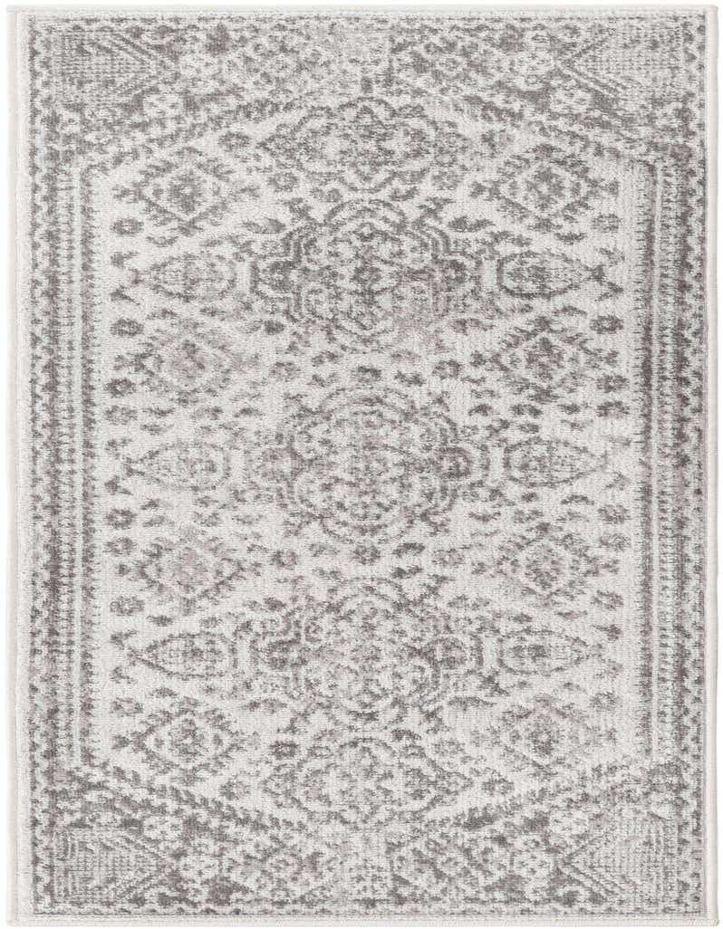 A 5 ft runner rug in ivories and creams with a distressed traditional Oriental medallion pattern, ideal for a hallway.