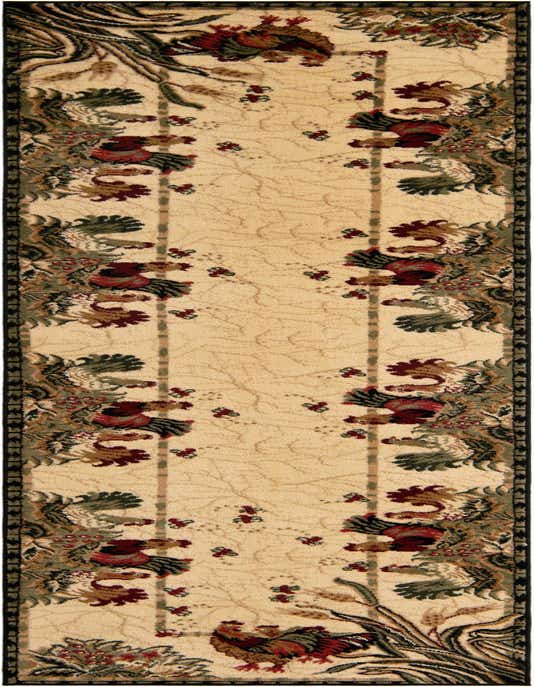 A 10 ft ivory runner rug with a traditional botanical pattern featuring roosters, leaves, and berries.