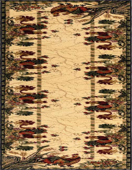 An 8 ft runner rug with an ivory background, featuring a traditional botanical pattern of roosters, leaves, and berries in rich reds, greens, and browns, perfect for a hallway or kitchen.