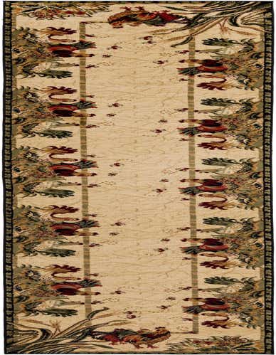 A 16 ft ivory runner rug with a traditional botanical pattern featuring roosters, wheat, and floral accents.