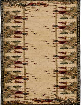 A 20 ft ivory runner rug with a traditional botanical pattern featuring roosters, wheat, and floral motifs in red, green, and brown, perfect for a hallway.