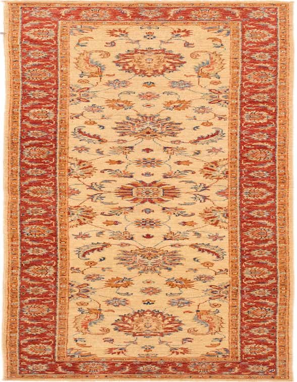 A 9 ft runner rug featuring an ivory field with a traditional botanical and floral pattern in reds, blues, and oranges, framed by a rich red border.