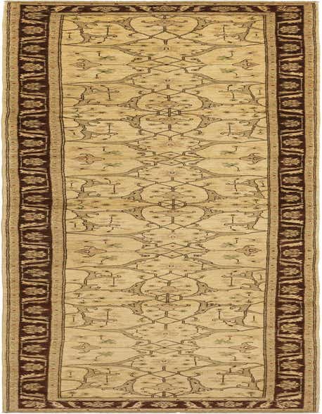 A long 19 ft ivory runner rug with a traditional Oriental pattern and a dark brown border, suitable for hallways.