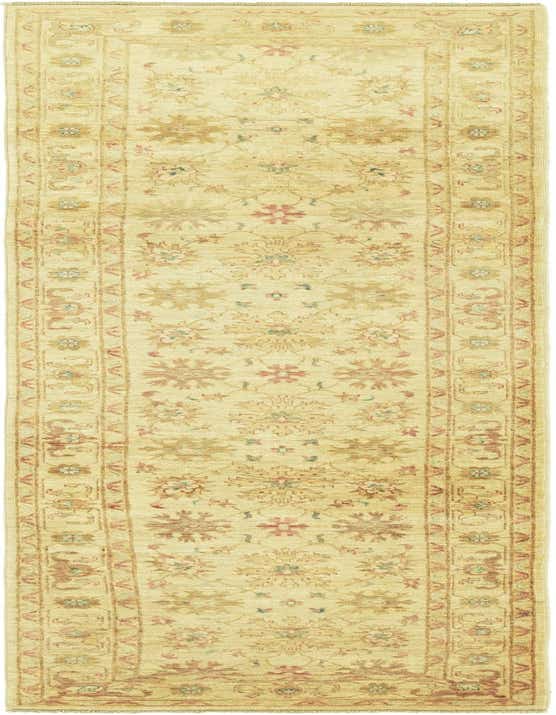 A 10 ft ivory runner rug with an oriental botanical pattern in muted gold, red, and blue, perfect for a hallway.