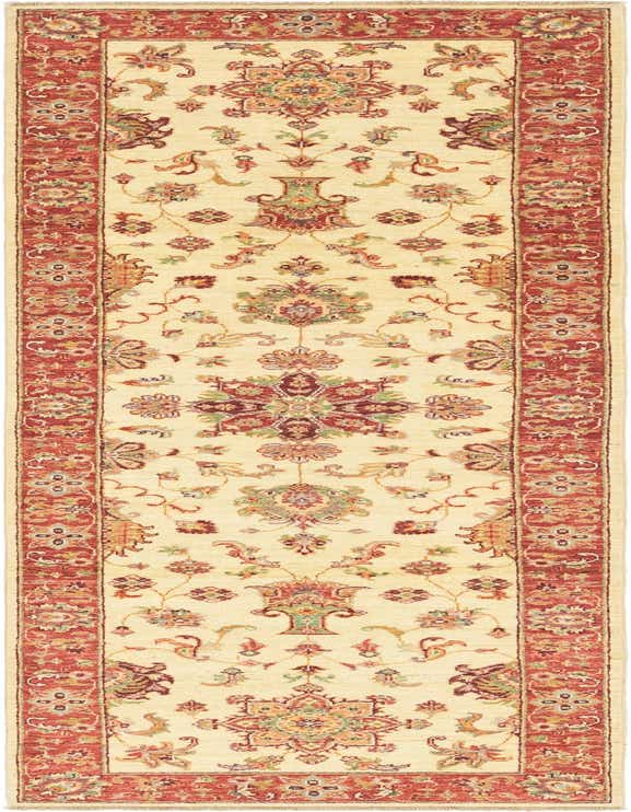 A 10 ft runner rug in ivory with a traditional botanical and floral pattern, featuring a red border.