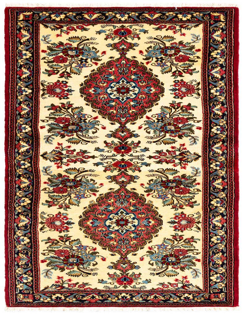 A 6 ft ivory runner rug with a traditional Persian floral pattern in red, blue, and black, featuring a dark border.