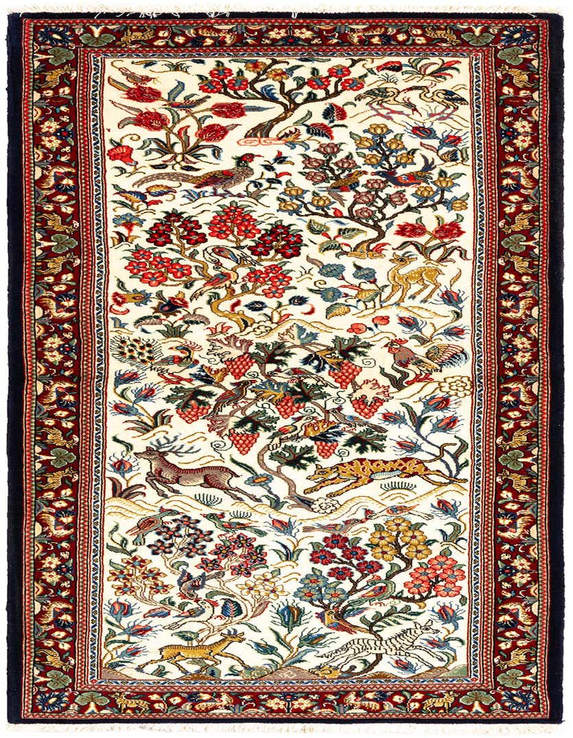 A handmade 10 Ft runner rug with an ivory field and a detailed Persian-Oriental pattern featuring trees, birds, deer, and other animals, framed by a rich red border.