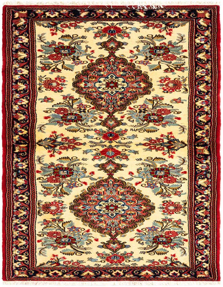A 7 ft runner rug in traditional Persian style, featuring an ivory background with intricate red, blue, and cream floral and medallion patterns, perfect for a hallway.
