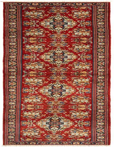 A 14 ft runner rug in a traditional Persian style, featuring a rich red background with intricate ivory, blue, and gold floral patterns, ideal for a hallway.