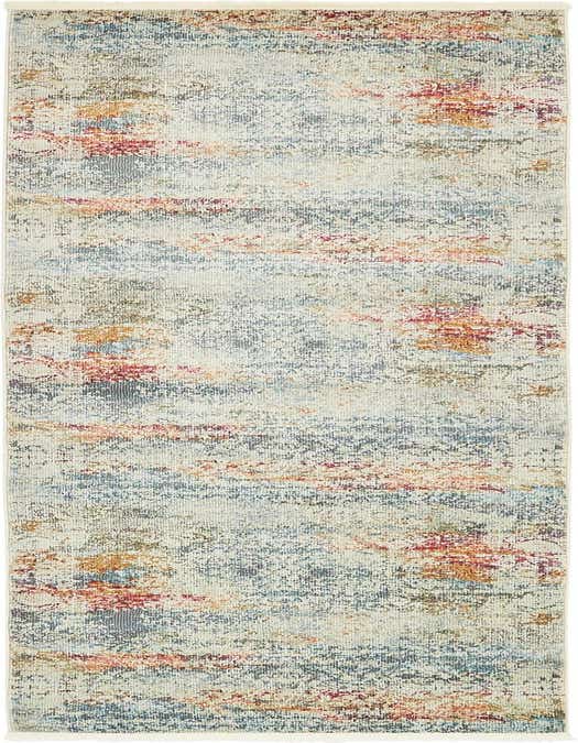 A 10 ft runner rug from the Santiago collection, featuring an eclectic blend of ivory, cream, blue, red, and orange hues in a modern, distressed pattern.