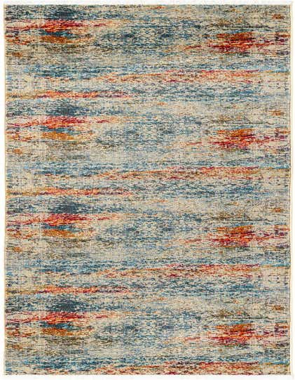 A 12 ft runner rug with an eclectic, transitional pattern in ivory, cream, blue, and orange tones, ideal for a hallway.