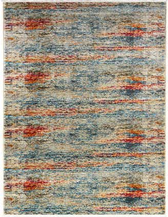 A long 16 ft runner rug with an abstract, distressed pattern in ivories, creams, blues, and reds, ideal for a hallway.