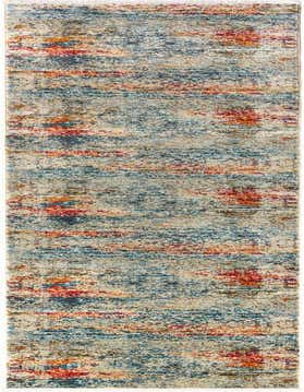 A 20 ft runner rug in a modern, transitional style featuring an abstract pattern of ivories, creams, blues, and oranges.