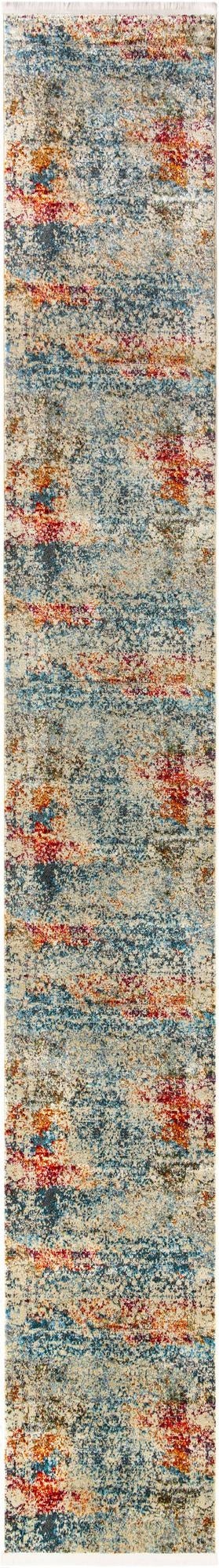 A 20 ft runner rug in a modern, transitional style featuring an abstract pattern of ivories, creams, blues, and oranges.