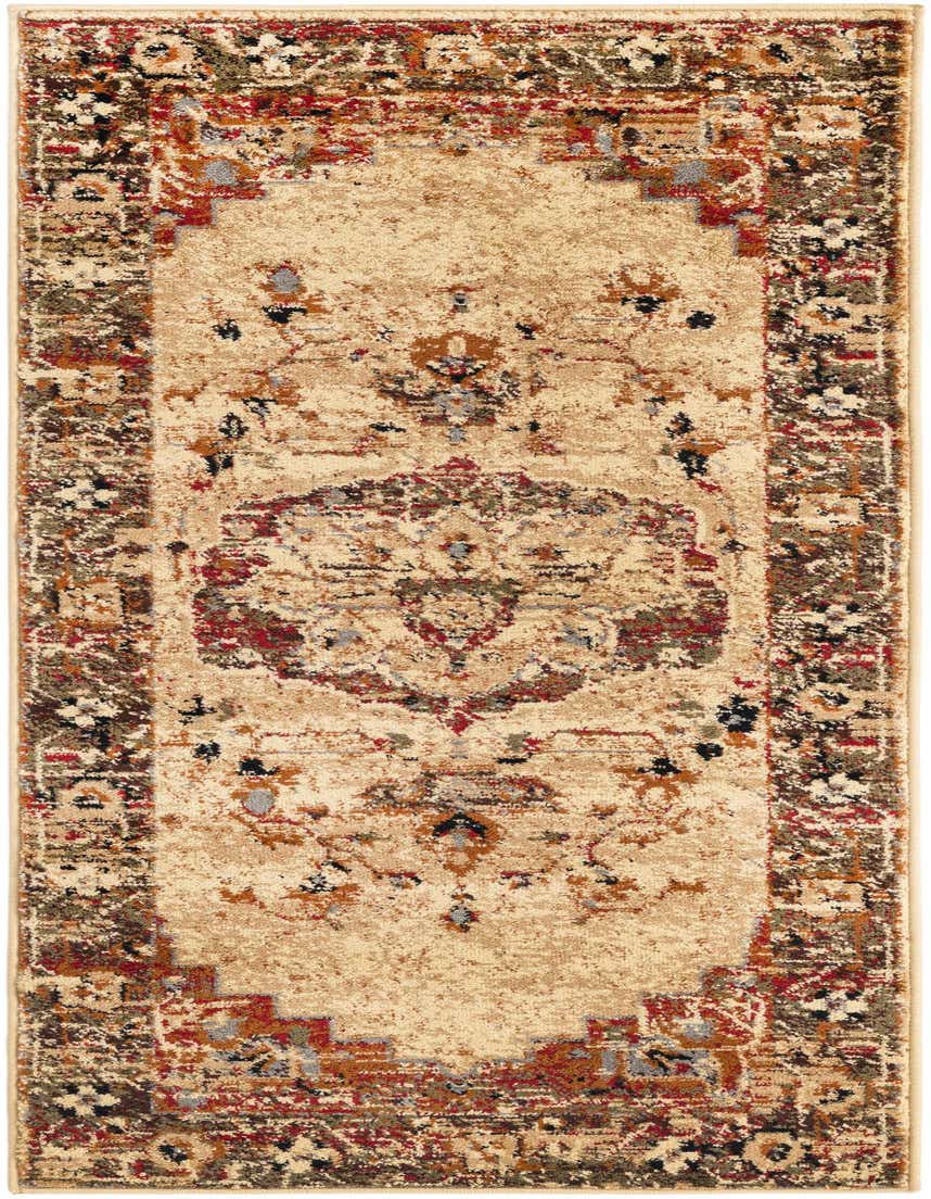 A 5 ft runner rug in ivory and cream with a distressed traditional medallion pattern and a multi-colored border.