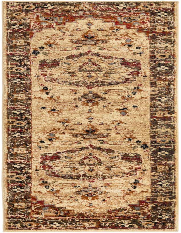 A 7 ft runner rug in ivory and cream with a traditional, vintage medallion pattern and a dark border.