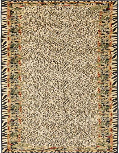 A 16 ft runner rug featuring a cream leopard print center, bordered by lush green and red botanical leaves, and an outer black and cream zebra stripe.