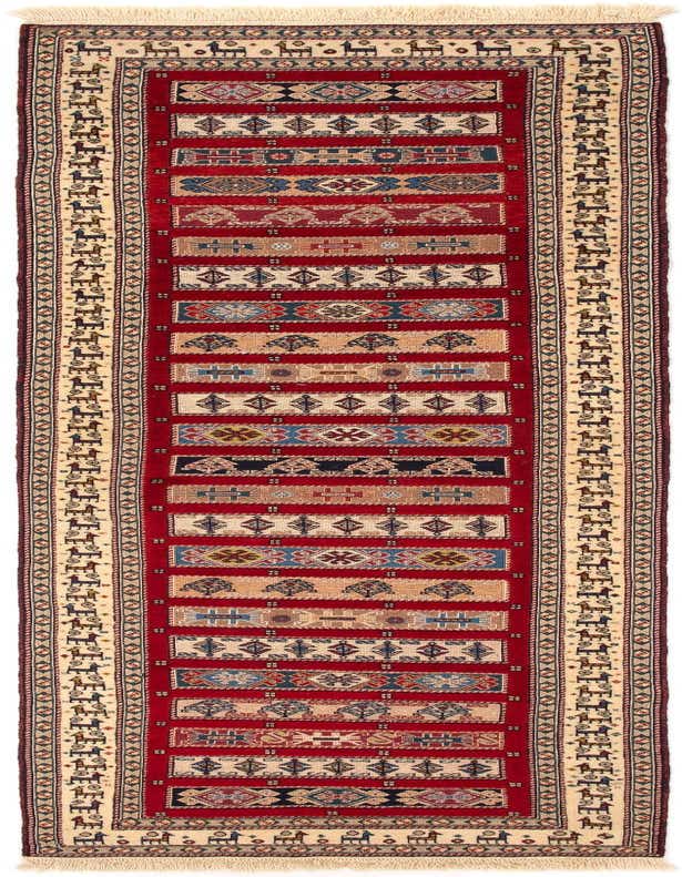 A 10 ft runner rug in a Persian tribal style, featuring a rich red field with multi-colored geometric and animal motifs, bordered by an ivory band with horse figures.