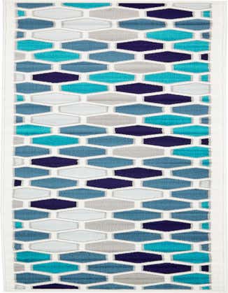 A 13 ft runner rug with a modern honeycomb pattern in shades of teal, navy, light blue, and gray, outlined by ivory, perfect for a hallway.