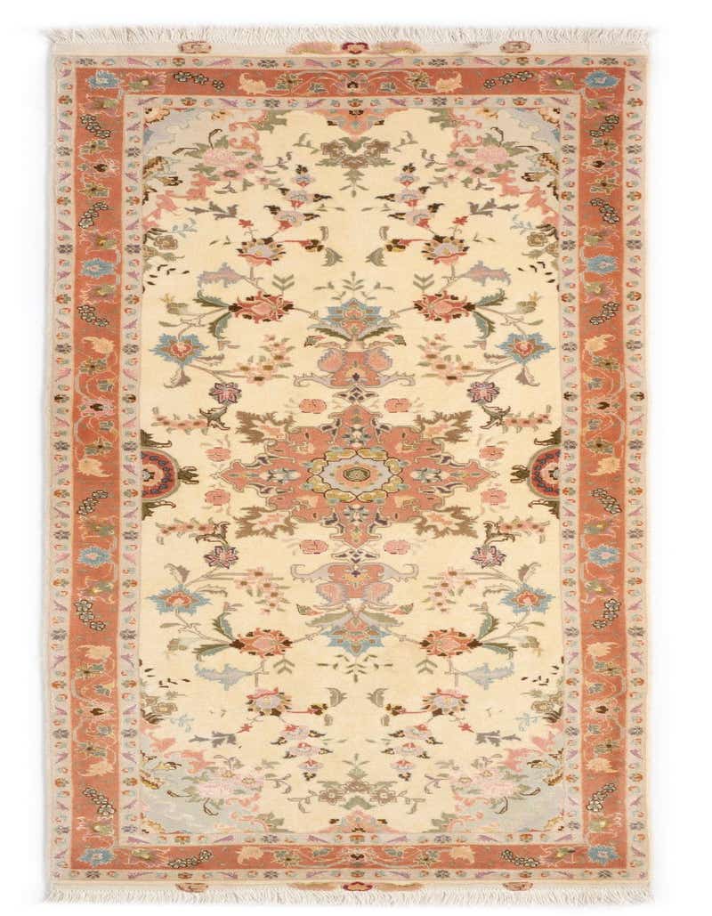 A 7 ft runner rug in ivory with a traditional Persian floral pattern in shades of coral, blue, and green, suitable for a hallway.