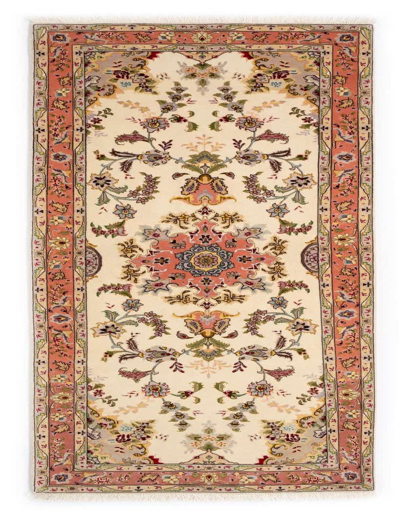 A 7 ft runner rug in ivory with a traditional Persian floral pattern in shades of coral, blue, and green, ideal for a hallway.