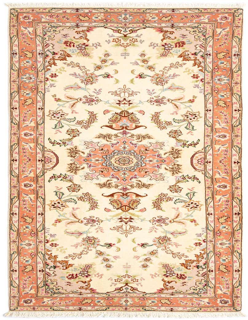 A 7 ft runner rug in ivory and cream with a traditional Persian floral pattern and a peach border, ideal for a hallway.