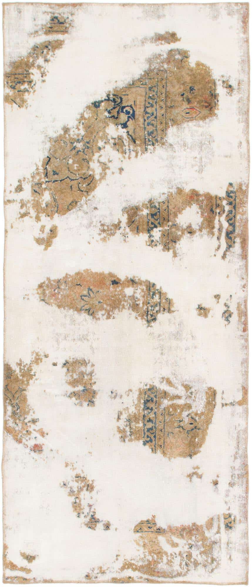 A 9 ft runner rug featuring an abstract, distressed Persian pattern in ivory, cream, and muted brown tones with hints of blue.