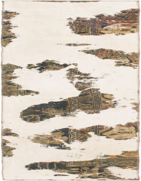 A 10 ft runner rug with an ivory background and distressed Persian-style patterns in brown, black, and blue.